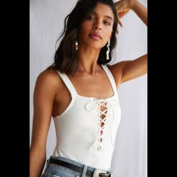 Ivory knit tie up ribbed lace bodysuit sz S - Picture 2 of 8